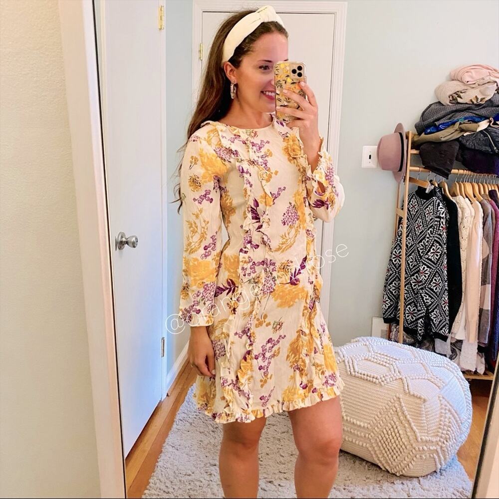 byTiMo Cream Floral Purple Ruffle Long Sleeve Mini Dress Small